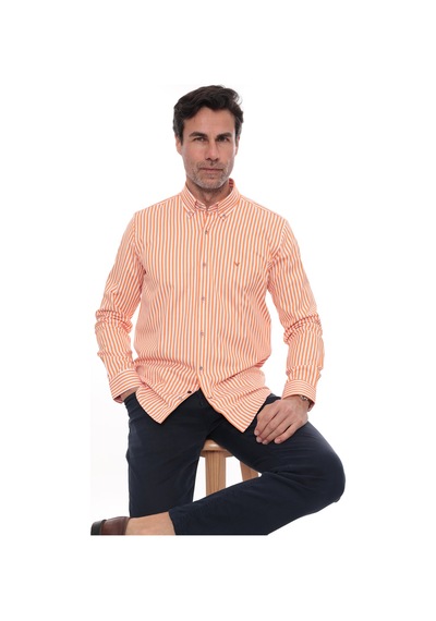 Slim Fit Uzun Kol Likralı Çizgili Yaka Düğmeli Hediye Kutulu Erkek Gömlek Fs-003669 - Turuncu-2433