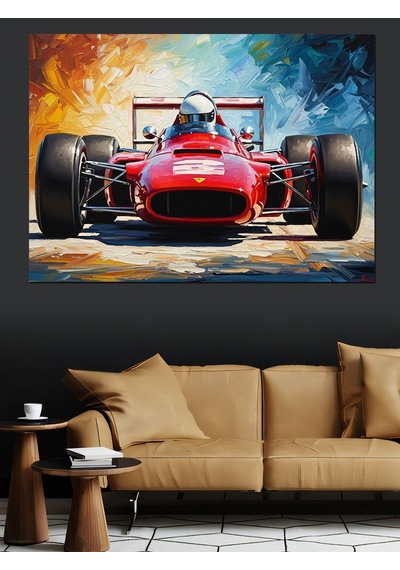 Ahşap Tablo Yarış Pistinde Kırmızı Formula Arabası