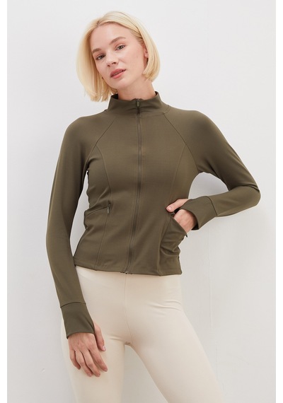 Fullamoda Parmak Geçirmeli Dalgıç Kumaş Slim Fit Ceket Haki