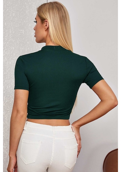 Modi Kadın Yeşil Yarım Fermuarlı Ve Kısa Kollu Crop Top Bluz