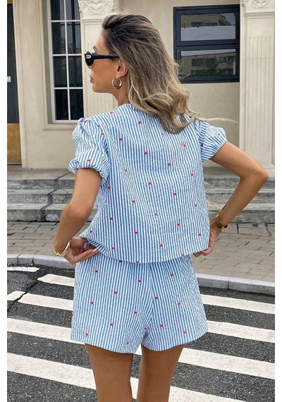 Bella Notte Mavi Çizgili Kalp Desenli V Yaka Bağlamalı Şortlu Takım