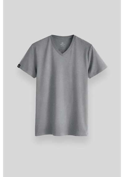 Tommylife Gri Melanj Basic Kısa Kol Standart Kalıp V Yaka Erkek T-shirt - 87912 Gri Melanj