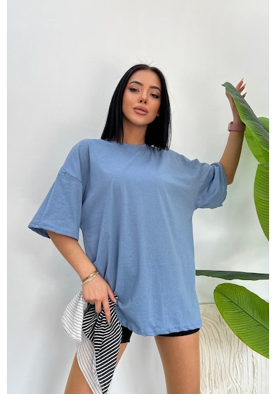 Startmore Unisex Pamuk Bisiklet Yaka Oversize T-shirt Bebe Mavisi