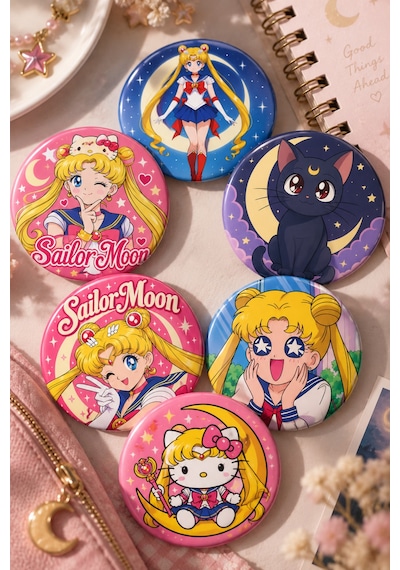 Sailor Moon 58mm 6'lı Rozet Seti Anime Usagi Luna Çanta Mont Ceket Rozeti Çok Renkli