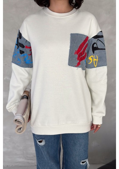 Femelle Kadın Beyaz Kot Detaylı İçi Pamuklu Sweatshirt - S76