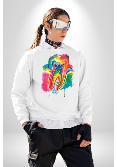 Diş Doktoru Diş Anatomisi Özel Tasarım Unisex Beyaz Sweatshirt Beyaz