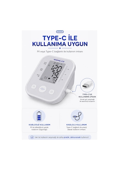 Wohler Üst Koldan Ölçer Dijital Tansiyon Aleti , Nabız Ölçer, TYPC-E , 99 Ölçüm Hafıza Çantalı