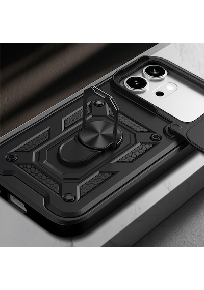 Honor 600 5g Kılıf Darbe Emici Yüzüklü Magnetik Standlı Kamera Korumalı Zore Sürgülü Vega Kapak Siyah