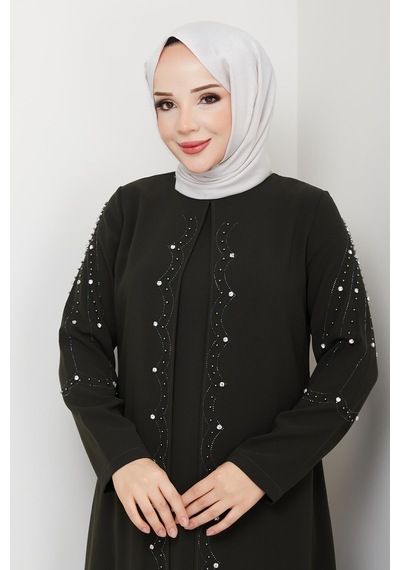 Eslemnur Büyük Beden Tam Boy Pelerinli Anne Elbisesi Haki