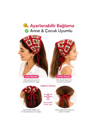 Anne Kız Kombin Bandana El Örgüsü Saç Bandı Bohem Stil Ayarlanabilir 2li Set Kırmızı