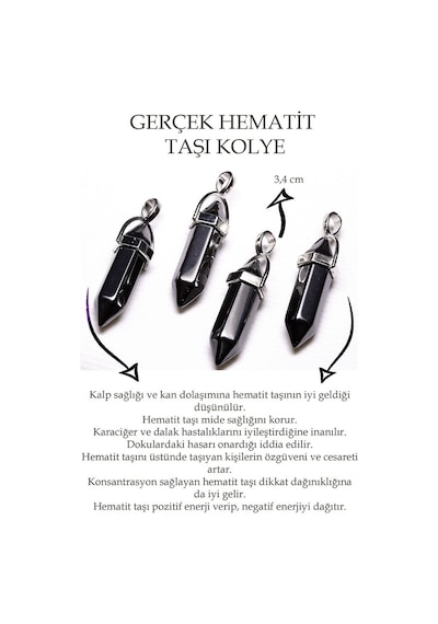 Erilsa Sertifikalı Çivi Model Hematit Taşı Kolye - 1.kalite Çok Renkli