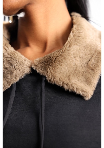 5in1Canpolat Siyah Yakası Peluş Detaylı Sweatshırt 17403 Siyah