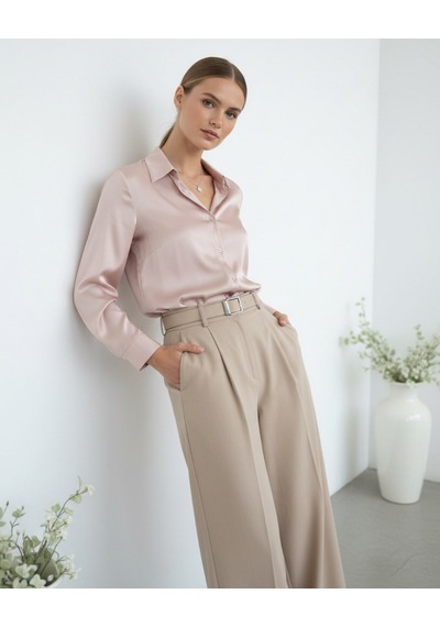 Pera Moda Saten Yüzeyli Fitted Gömlek Pudra