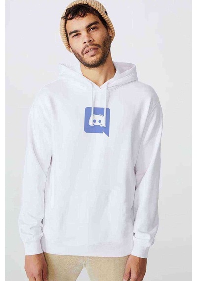 Discord Logo Baskılı Beyaz Erkek Örme Kapşonlu Sweatshirt