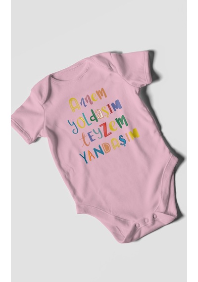 Annem Yoldaşım Teyzem Yandaşım Baskılı Bebek Zıbını Çıtçıtlı Body %100 Pamuk Kısa Kol Koyu Pembe