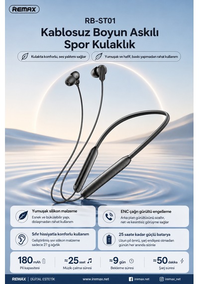 Remax RB-ST01 Bluetooth 6.0 Boyun Bantlı Kulak İçi Spor Kulaklık