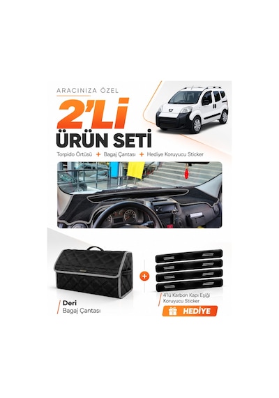 E-biz Peugeot Bipper 2007-2020 Uyumlu Torpido Örtüsü + Deri Bagaj Çantası Seti - Siyah-gri - Pe020
