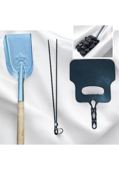 Mangal Aksesuar Seti 3 Parça- Ateş Küreği-kömür Köz Maşası - Plastik Yelpaze,kürek,maşa,yelpaze