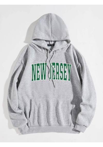 New Jersey Sweatshirt - Gri Baskılı Oversize Kapüşonlu Gri