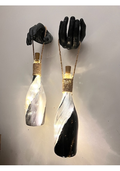 El Figürlü Duvar Lambası Pilli Led Işıklı Dekoratif Şişe Aydınlatma Rustik & Vintage El Yapımı D Gümüş - Siyah