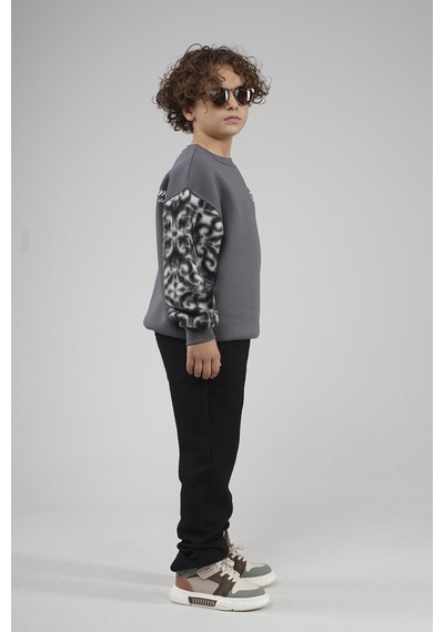 King-Brich Kingbrich Kids Bisiklet Yaka Kolu Garnili Baskılı Çocuk Sweatshirt Füme