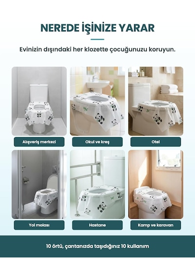 Tek Kullanımlık Çocuk Klozet Örtüsü 12 Adet, Panda Desenli Sıvı Geçirmez Hijyenik Klozet Kapak Örtüsü, Tek Tek Paketli Çok Renkli