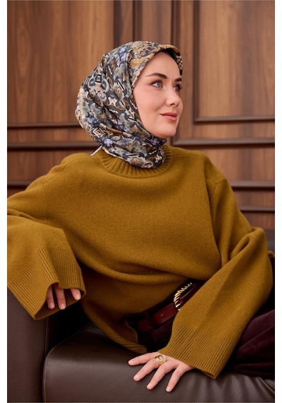 Silk Home Twill İpek Eşarp Lacivert Yağ Yeşili Desenli Tok Duruşlu Kaymaz 90x90 Çok Renkli