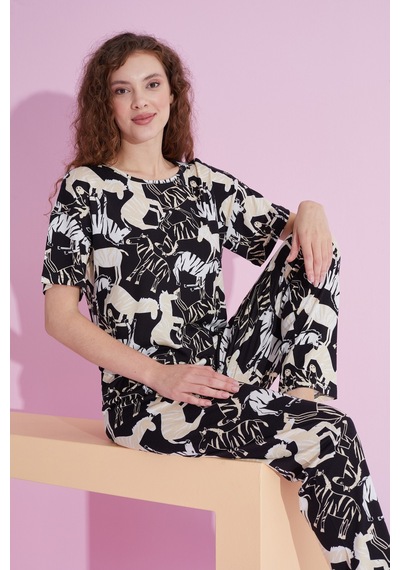 Siyah İnci Likralı Örme Pijama Takım 7802 Zebra Desen