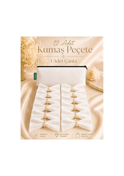 Beyaz 12'li Kumaş Peçete Ve Inci Sunum Yüzüğü Özel Dikişsiz Jarse Kumaş Beyaz Beyaz