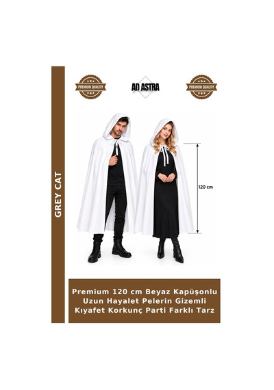 Premium 120 Cm Beyaz Kapüşonlu Uzun Hayalet Pelerin Gizemli Kıyafet Korkunç Parti Farklı Tarz