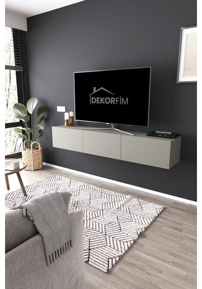 Df17103 3 Dolaplı Duvara Monte Tv Ünitesi 180 Cm Modern Askılı Dekoratif, Şık Stilde Tv Sehpası Gri