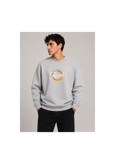 Herkesemoda Focus Baskılı Bisiklet Yaka Şardonlu 2 İplik Sweatshirt Gri