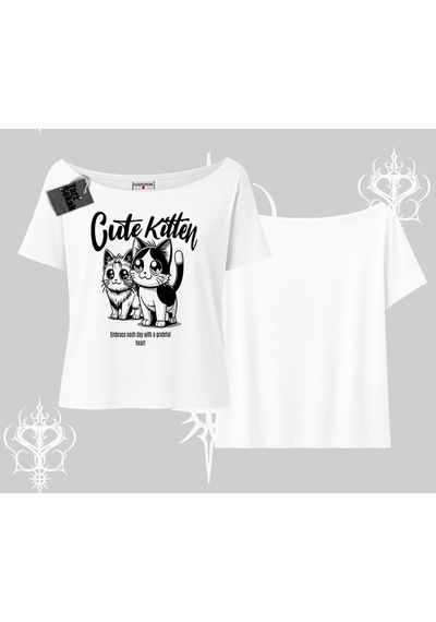 Startmore Startmore Cute Kitten Yazılı Sevimli Kedi Baskılı Kayık Yaka Tshirt Beyaz