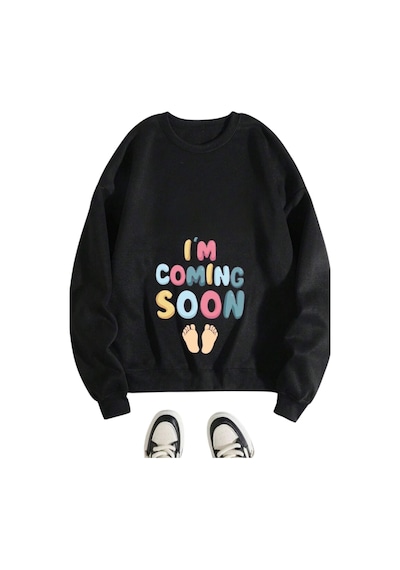 Caxis Kadın I'm Coming Soon Baskılı Hamile Oversize Bisiklet Yaka Sweatshirt Siyah