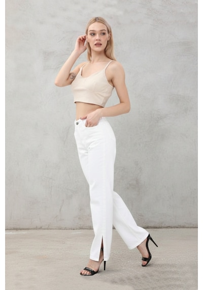 Kene Jeans Paça Yan Yırtmaç Beyaz Boyfriend Bol Paça Pantolon Beyaz