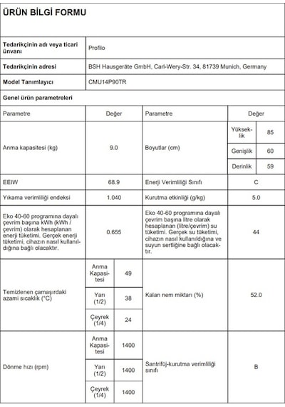 Profilo CMU14P90TR 1400 Devir 9 KG Çamaşır Makinesi