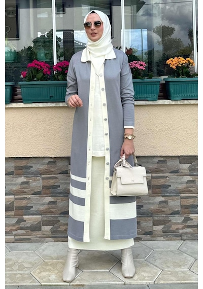 Rabia Şamlı İmge Çizgili Triko Hırka Gri Çok Renkli