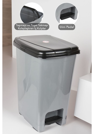 Pedallı Gri Banyo Mutfak Çöp Kovası Siyah Kapaklı Slim Pedallı Çöp Kovası 40 Litre Gri