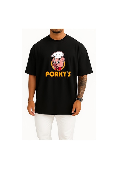 Bahriyeli Collection Oversize Porky's Lechon Barbecue Domuz Göğüs Tasarımlı Unisex T-shirt Siyah