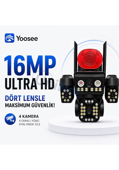 Uninet 4k Pro 16mp 4 Kameralı Wifi Güvenlik Sistemi 3 Sabit + 1 Ptz, 360 Izleme, Renkli Gece Görüşü Ve Ip66