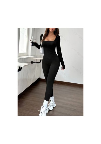 Butik İstanbul Kadın Uzun Kollu Kare Yakalı Parmaktan Geçmeli Uzun Şardonlu Dalgıç Tulum Siyah