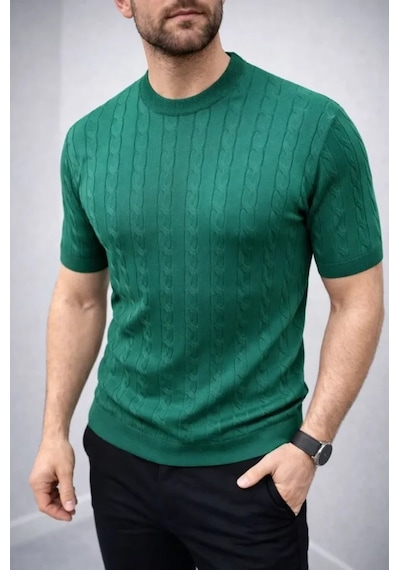 Modi Green Desenli Erkek Günlük Stil Haki Yazlık Triko Dokuma Kısa Kol Bisik