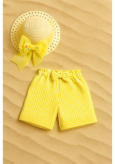 Esila Kids Kız Çocuk Hasır Şapka Ve Şort Takımı Yazlık Şık Kombin 2-6 Yaş Sarı