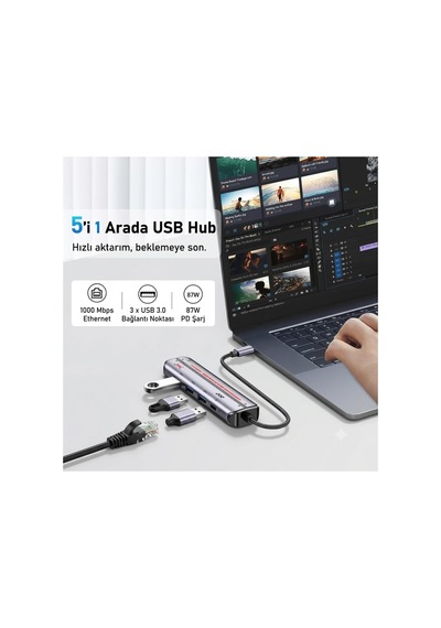 5'i 1 Arada Type-c Hub Çoklayıcı - Gigabit Ethernet Rj45 1000mbps Ve 100w Pd Şarj Adaptörü-ap-101