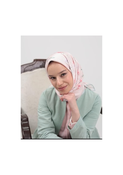 Bushu Çiçek Ve Desenli Twill Eşarp Pembe Çıtır Çiçek