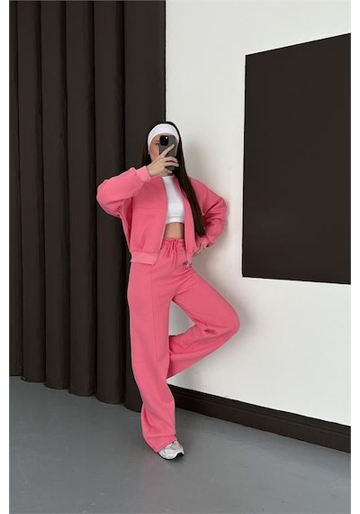 Neşeli Butik Kadın Pembe Fermuarlı 3 İplik Eşofman Takımı Nbesf01 Pembe
