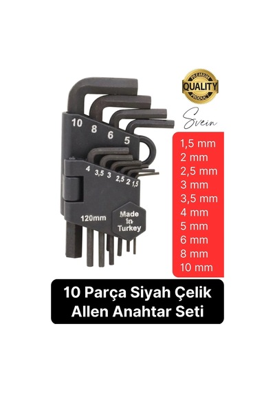 Premium 10 Parça Siyah Çelik 120 Mm Allen Anahtar Seti Alyan Takımı Profesyonel Manuel Uzun Tamir