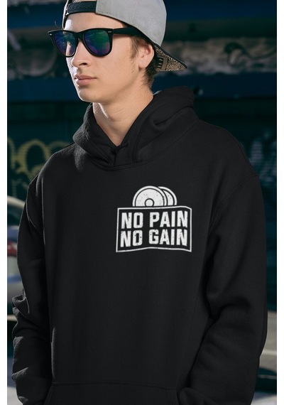 Sevbano No Pain No Gain Baskılı Unisex Oversize Fitness Gym Hoodie Siyah