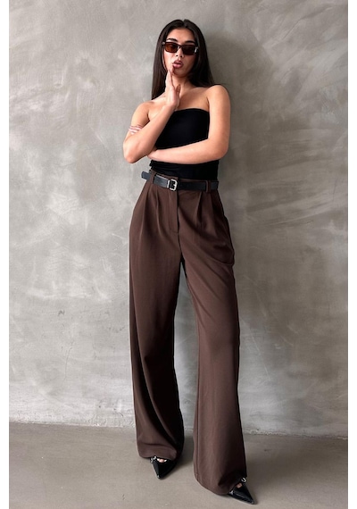 Kahverengi Çift Pileli Kemerli Pantolon Mg2330 Kahverengi
