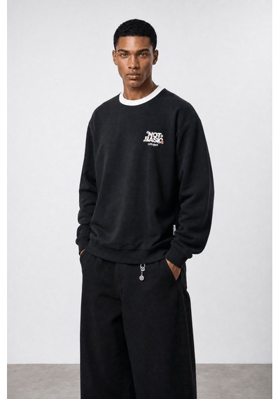 Respire Erkek Not Basic Project Baskılı Oversize Sweatshirt Siyah
